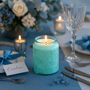 Art Secret 9-Pack 8oz Embossed Glass Candle Jars with Lids and Labels - Sun Moon Stars Design (Blue)