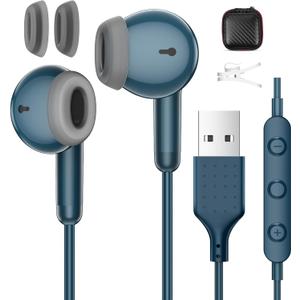 USB Earbuds with Microphone for Chromebook PC Laptop Destop,7.5FT Mute Control USB A Wired Headphone,Stereo Type A Computer Headset Small In-Ear Noise Canceling Corded Earphone for Dell School Office (Blue)