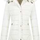 Chrisuno Women's Warm Winter Coat Velvet Puffer Jacket Quilted Faux Fur Hood (Large, Cream White)