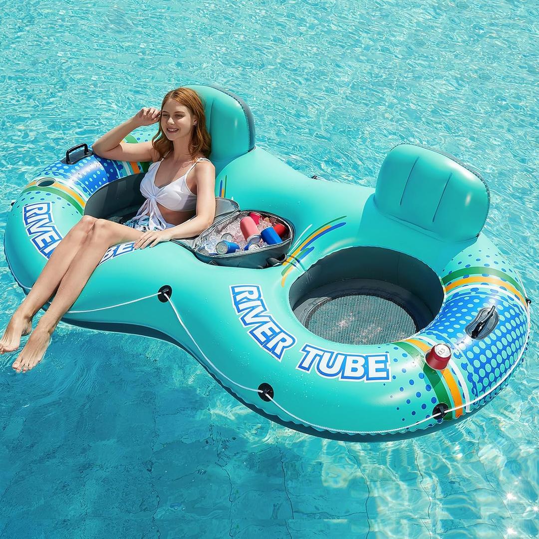 Jasonwell Inflatable River Tube Float - 2 Person Heavy Duty River Float Pool Floats with Removable Cooler Lake Water Tubes for Floating River Raft Lounge Floatie with 2 Cup Holders for Adults (Double Tube Cyan)