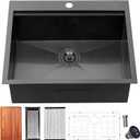 25 Inch Black kitchen Sink Drop in - 25"x22" Topmount Ledge Workstation Kitchen Sinks 16 Gauge Handmade Stainless Steel Single Bowl Sink with All Accessories for Kitchen Laundry Utility
