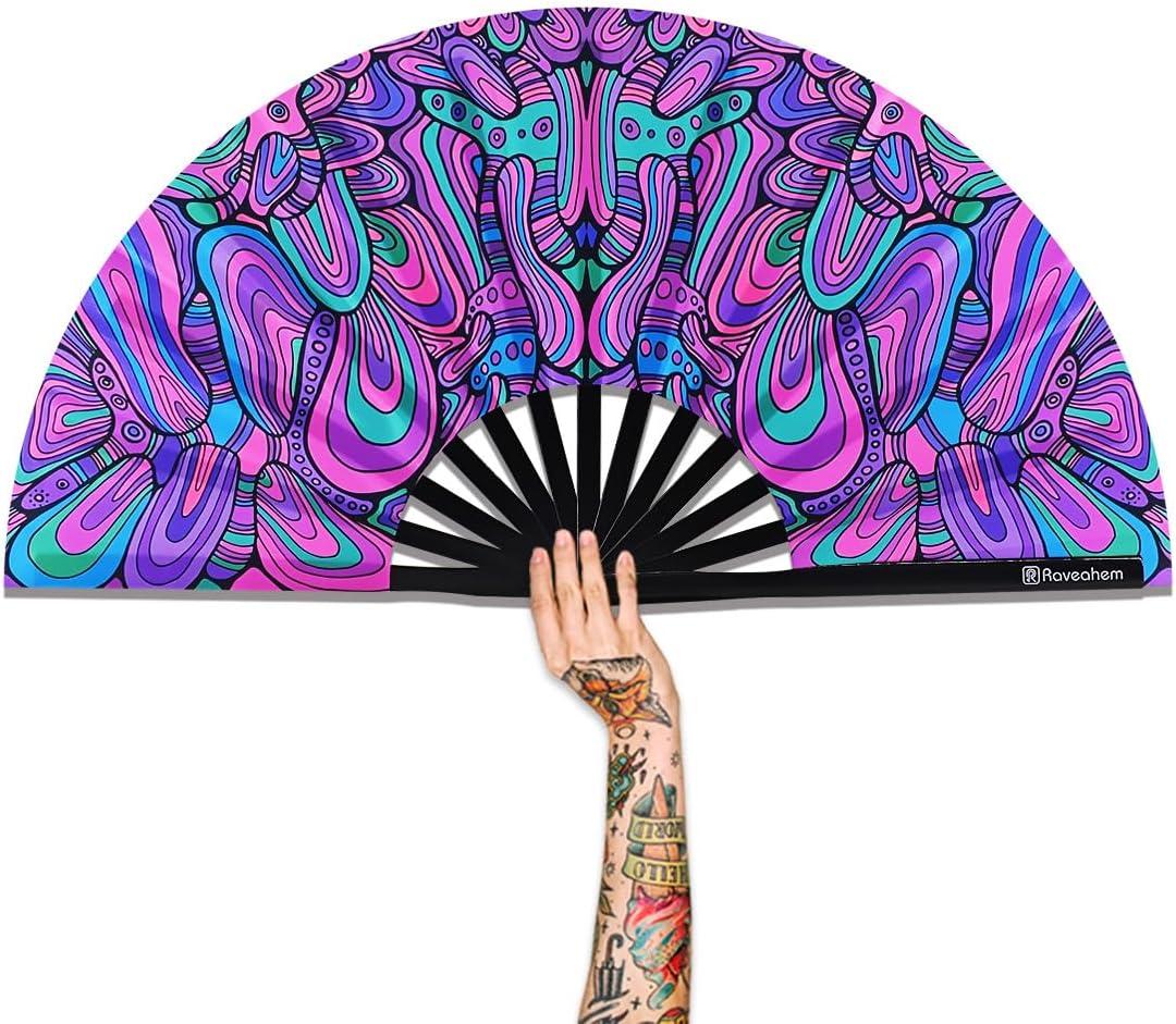 Large Folding Fan, 13 Inch Clack Rave Fan Hand Held Fan for Women Men with Premium Satin Fabric, Thick Bamboo Frame for EDM, Music Festival, Party, Dance, Decoration, Gift (Psyche Maze)