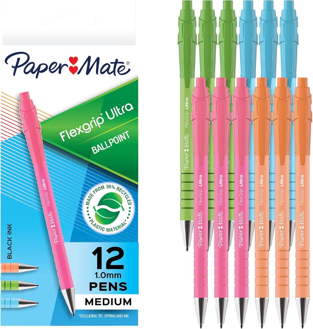 Paper Mate FlexGrip Ultra Ballpoint Pens Made from Recycled Plastic Materials Assorted Barrel Colors Medium Point (1.0mm) Black 12 Count