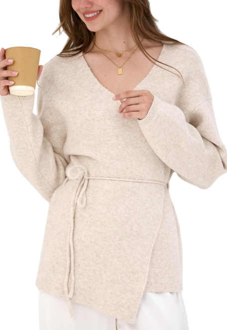 Women's Classic Coatigan Belted Wrap Cardigan Coat Oversized V-Neck Long Knit Sweater Jacket with Tie Belt. Size XS