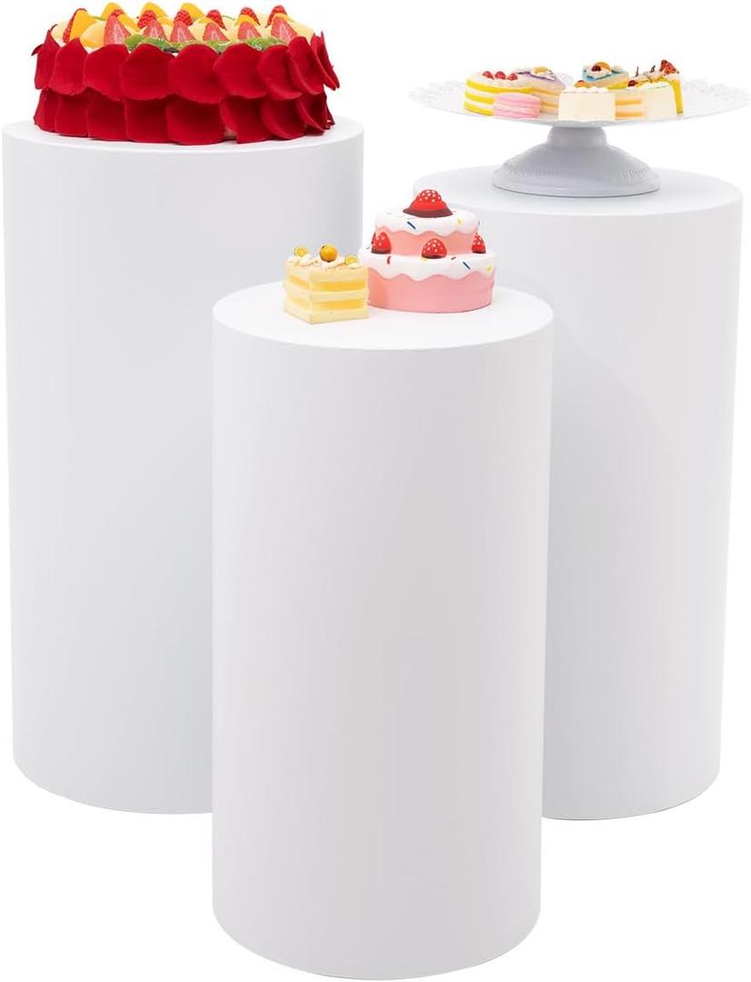 3 PCS Cylinder Pedestal Stands, White Cylinder Pedestal Display Stand Dessert Table Display Pillars Metal Plinth Pillars for Wedding Baby Shower Birthday Event Decor