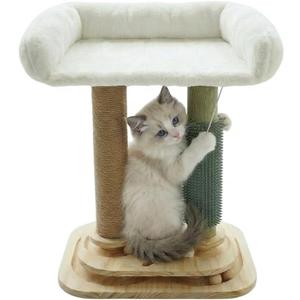 4-in-1 Small Cat Tower with Bed for Kittens, Cat Tree with Cat Self Groomer Brush, Track Balls, Natural Sisal Cat Tower with Interactive Toy, Scratching Post for Indoor Cats