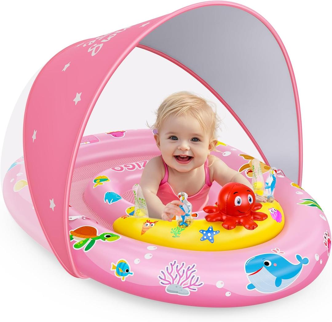EZIGO Baby Pool Float with Canopy UPF50+ Sun Protection, Inflatable Kids Pool Floats with Ocean Animal Toys for Baby 6-36 Months, Infant Swimming Float with Adjustable Safety Seat for Boys Girls (Pink)