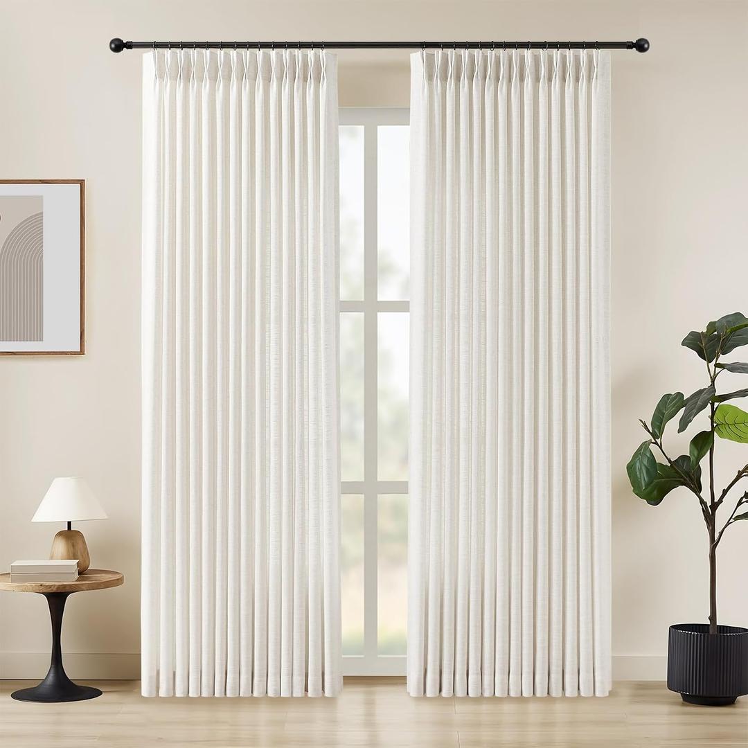 Pinch Pleated Linen Curtains 84 Inches Long for Living Room, Beige White Light Filtering Pleat Drapes Textured Thick Memory Trained Semi-Sheer Window Curtain with Hooks for Bedroom Farmhouse 2 Panels