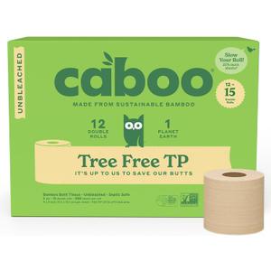 Caboo Tree Free Unbleached Toilet Paper | Plastic Free Packaging, Septic Safe, Eco Friendly, Chemical Free, Non Toxic | 2 Ply Toilet Tissue, Pack of 12 Double Rolls, 300 Sheets Per Roll