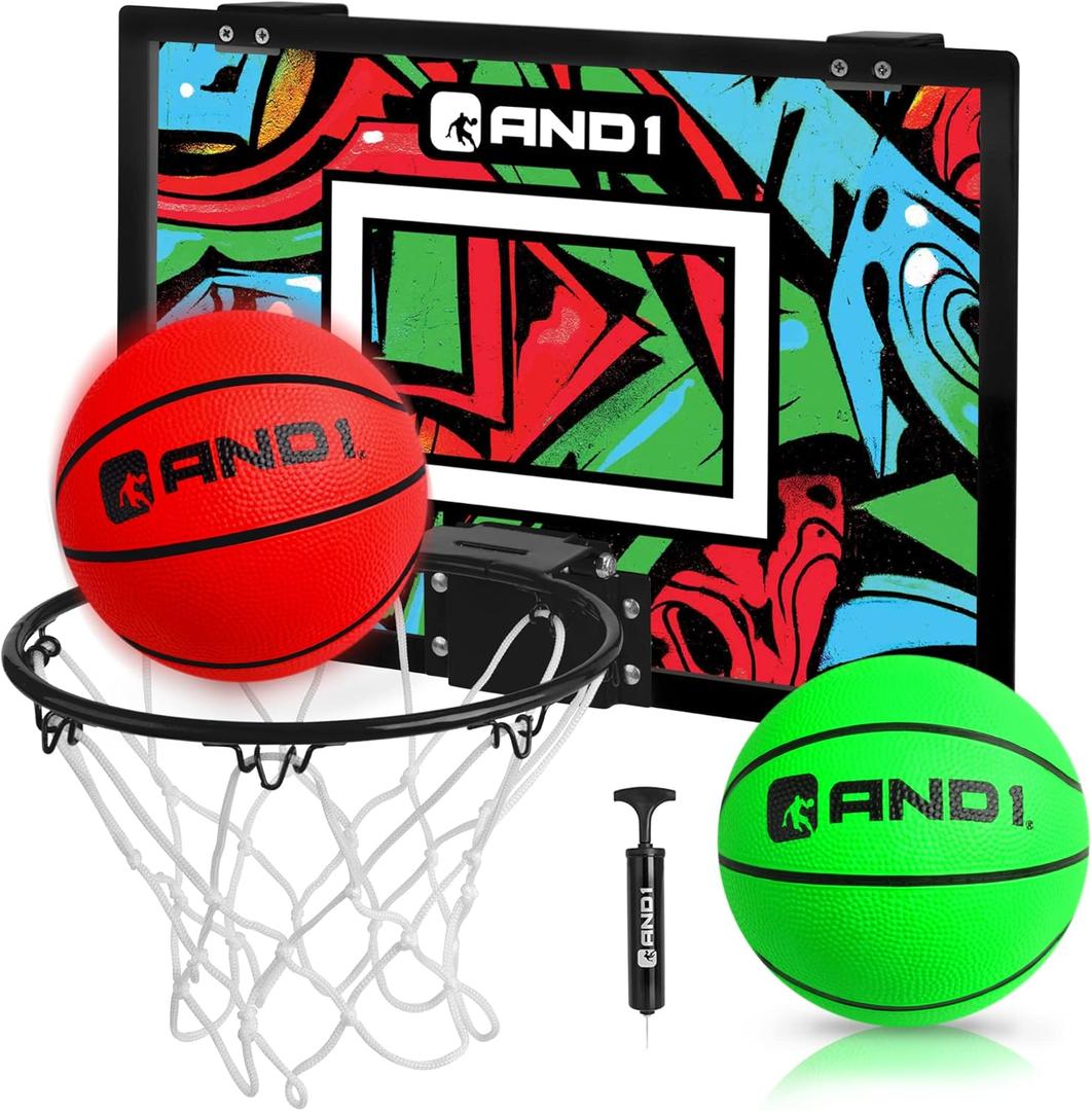 AND1 Over the Door Mini Basketball Hoop: 18x12 Shatterproof Backboard, 2 Mini Basketballs, and Hand Pump Included- Ultimate Indoor Basketball Accessory for Kids and Adults, No Tools Required (Green/Red)