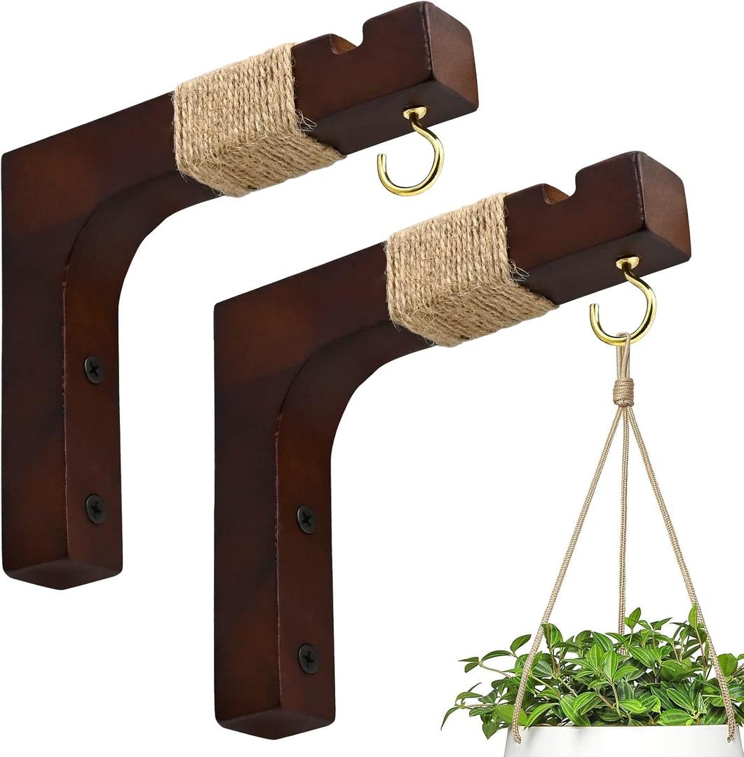 Plant Hanger Hooks for Indoor Hanging Plants, 2 Pack Rustic Farmhouse Wooden Hanging Basket Wall Bracket Plant Hooks for Indoor Outdoor Flower Pots Lanterns Wind Chime Balcony Light Garden Decoration (Brown)