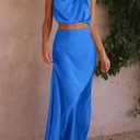 PRETTYGARDEN Women's 2 Piece Satin Outfits Summer Sleeveless Mock Neck Crop Tops and Long Skirt Dress Sets (S)