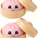 2Pcs Mystery Pink Dumpling Squishies with Steamer Box,Soft Stretchy Bao Bun Stress Relief Balls,Sensory Fidget Squeeze Toys for Anxiety Relief,Decompression Desk Toys