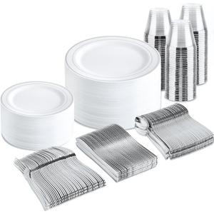 bUCLA 300PCS Silver Disposable Plastic Dinnerware Set - 50 Guests White Silver Disposable Plates Include 50 Dinner Plates,50 Dessert Plates,50 Knives,50 Forks,50 Spoons,50 Cups for Party & Christmas