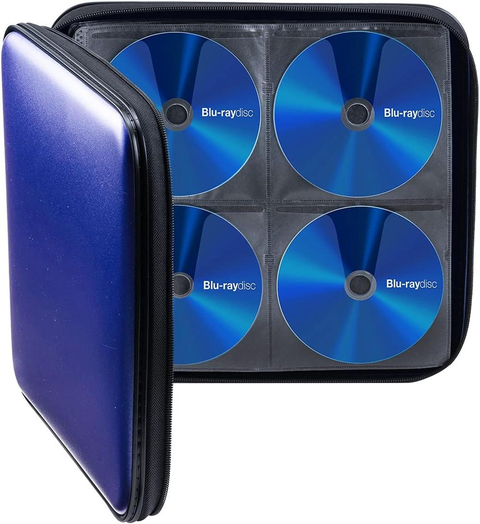 SANWA 160 Capacity CD Case, Large CD Sleeves, Portable DVD VCD Storage Box, Portable Zipper Bag, EVA Protective Blu-ray Wallet with Handle, for Car, Home, Office, Games Disc, Audio Music, Blue