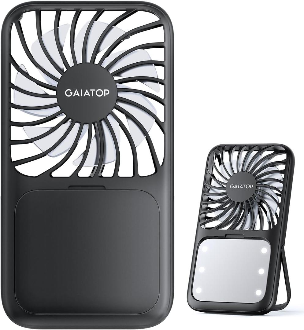 Gaiatop Portable Handheld Fan, Folding Stand for Desktop, 3 Speed LED Makeup Mirror with Light, Rechargeable Mini Personal Fans Small Travel Essentials Gifts for Women Girls Black