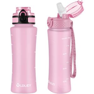 OLDLEY Water Bottle with Straw & Chug Lid for Kids Girls Child, 15 oz Leak-Proof BPA-Free Motivational Water Bottles with Time Marker for School Travel Sports Gym, 2 Lids, Candy Pink