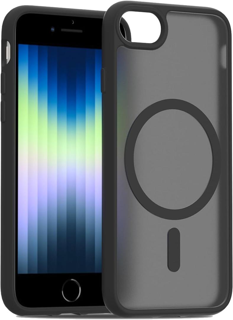 2 x PinLiSheng Magnetic for iPhone SE Case 2022/3rd/2020/2nd gen, iPhone 8 & iPhone 7 [Compatible with Magsafe] Shockproof Slim Translucent Matte Protective Phone Case - Black