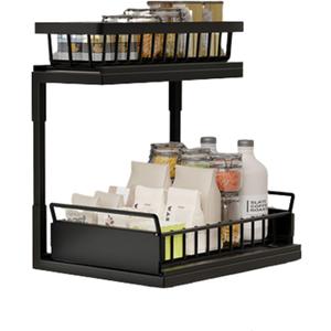 JUSHZ Dish Rack Dish Drying Rack Dish Drainer Over Sink Draining Rack Metal Storage Cupboard for Seasoning Pull-Out High Capacity Strong Bearing Capacity (Black)