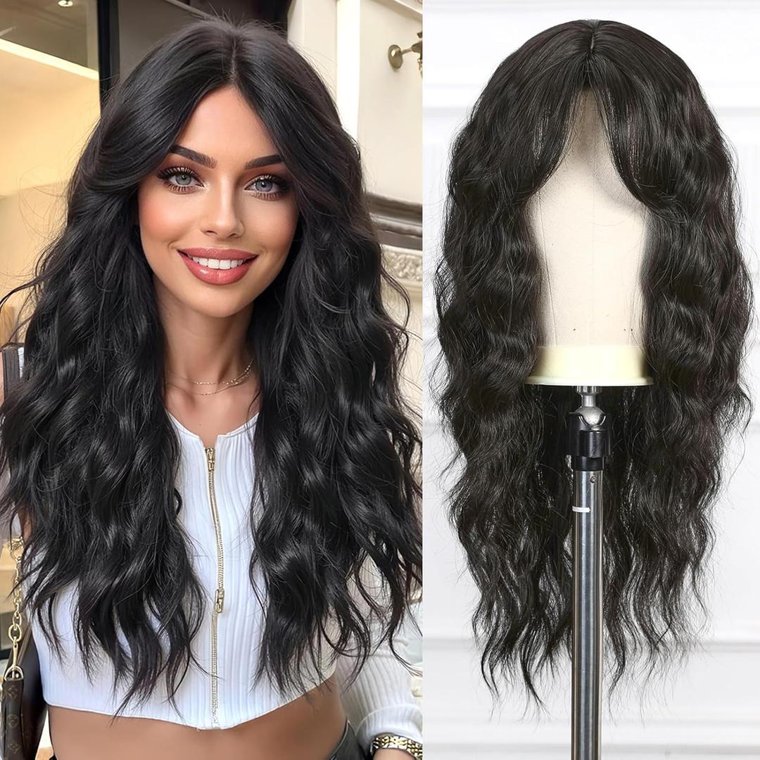 Esmee Long Wave Black Brown Wig for Women with Curtain Bangs Natural Synthetic Hair Wigs for Daily Party Use