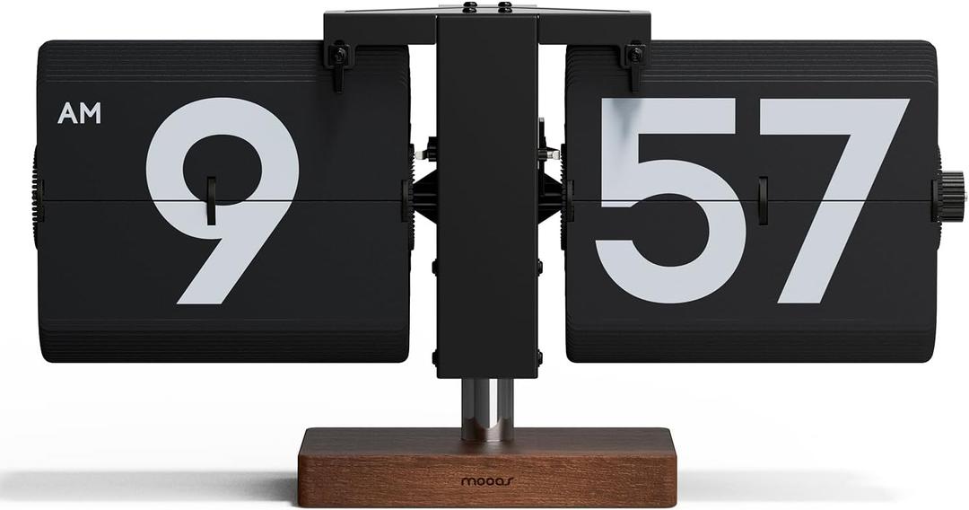 mooas Classic Modern Wood Big Flip Desk Clock (Black), Retro Vintage Analog Design Auto Flip Clock Table Clock Large Number Battery Powered, Ideal for Home Office School Hotel Caf