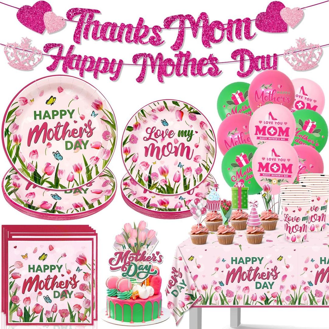 Mothers Day Decorations Happy Mothers Tableware Sets Include Thanks Mom Happy Mothers Day Banners Plates Napkins Tablecloth Cake Topper Balloons for Birthday Mother's Day Party Supplies Serve 20