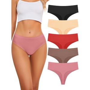 voenxe Seamless Women Underwear Thongs, High Waisted No Show Ladies Panties, Breathable Comfy Active Hi Rise Cut Undies, 5-Pack (Medium, Coffee)