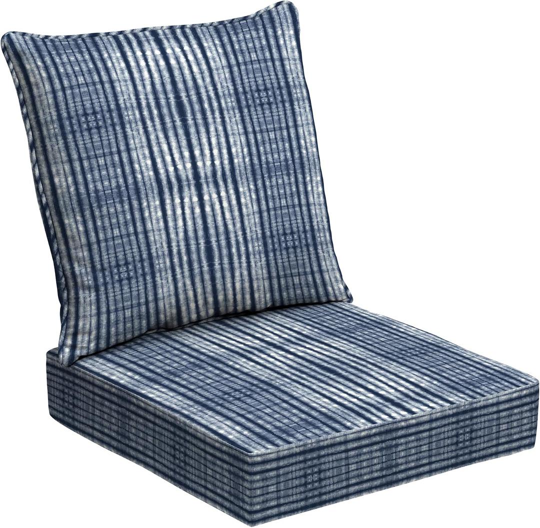 Arden Outdoor Foam Deep Seat Cushion Set, 24x24, Premium High-Density Foam, Never Flattens, Weather-Proof for Patio Chair Sofa Couch, Blue Shibori Stripe, 1 Pack