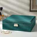 Juvale Velvet Jewelry Box Organizer - 10.5 x 10.5 x 3.5 in, Green - Lockable 2-Tier Travel Jewelry Case & Earring Storage - Removable Tray & Built-In Necklace Organizer