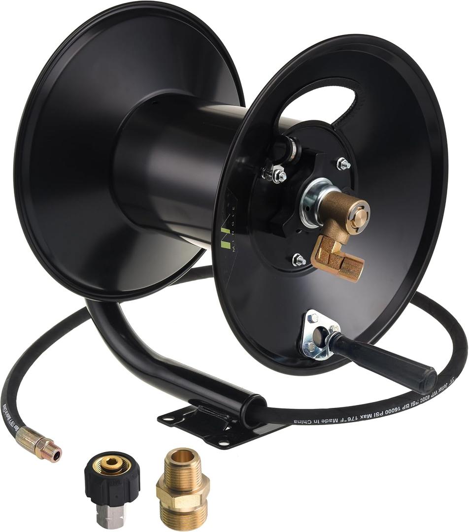 M MINGLE High Pressure Washer Hose Reel 150ft, Heavy Duty Steel Hose Reel, Manual Crank Power Washer Hose Reel with 3/8" Pressure Wash Whip Hose, Swivel Arm and Mounting Bracket, 4000 PSI
