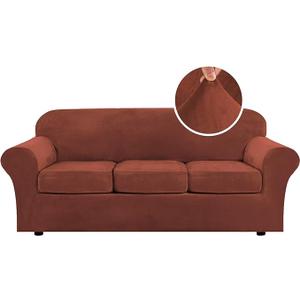 H.VERSAILTEX Modern Velvet Plush 4 Piece High Stretch Sofa Slipcover Sofa Cover Furniture Protector Form Fit Luxury Thick Velvet Sofa Cover for 3 Cushion Couch, Machine Washable (Sofa, Rust)