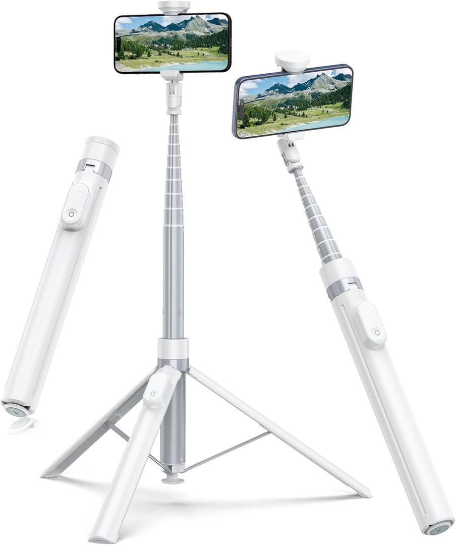 TONEOF 66" Automatic Phone Tripod with Magnetic Rechargable Remote,Selfie Stick 360 Vertical & Horizontal Rotatable,Stable for iPhone/Android(White)
