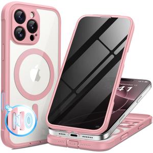 BERFY for iPhone 16 Pro Case, Compatible with MagSafe, Built-in Privacy Screen Protector and Camera Protection, Anti-Spy Full Body Shockproof Phone Case for 16 Pro 6.3", Clear Pink