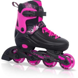MammyGol Adjustable Inline Skates for Kids Youths Adults, All Wheels Light Up, Indoor and Outdoor Blades Roller Skates for Boys Girls Teen Beginners (Large - Youth (3-6 US), Rosy)