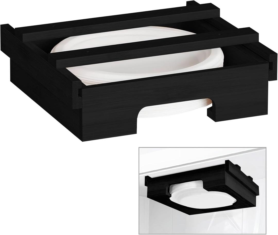 Paper Plate Dispenser,10-inch Bamboo Paper Plate Dispenser Under Cabinet, Kitchen Counter Vertical Paper Plate Holder Organizer Countertop Caddy Black