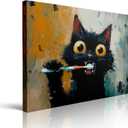 Whimsical Cat Framed Wall Art Canvas Toothbrush Bathroom Decor 16x24 Inches