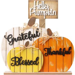 SY Super Bang Fall Decorations for Home, Rustic Wooden Blessed Grateful Thankful Hello Pumpkin Tabletop Sign Thanksgiving Decoration, for Autumn Harvest Farmhouse Party Decor
