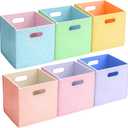 6 Pcs 11 Inch Colorful Felt Storage Cubes with Handle, Collapsible Fabric Storage Cubes Bins Foldable Baskets for Playroom, Bedroom, Books, Clothes (Macaron)