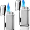 2 Pack Mini Torch Lighter Butane Refillable, Double Flame Butane Lighter with Visible Window, Adjustable Jet Lighter, Great Gifts for Men and Women, Without Gas (Silver)