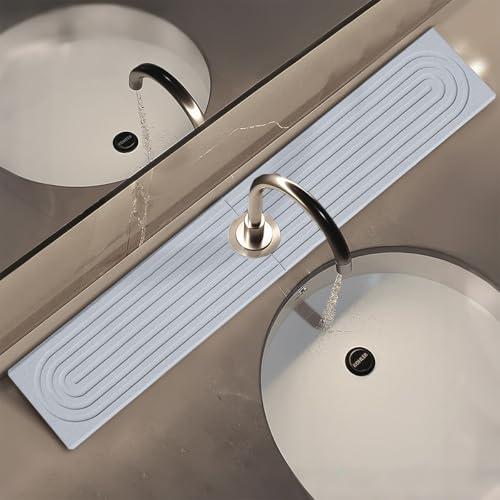 Dekdecutyr Absorbent faucet mat for Kitchen Sink - Water Absorbing Stone Tray for Sink, Diatomite Fast-Drying Faucet Mat,Faucet Splash Guard for Kitchen,Bathroom Sink (Light Grey, 15.8" x 3.9")