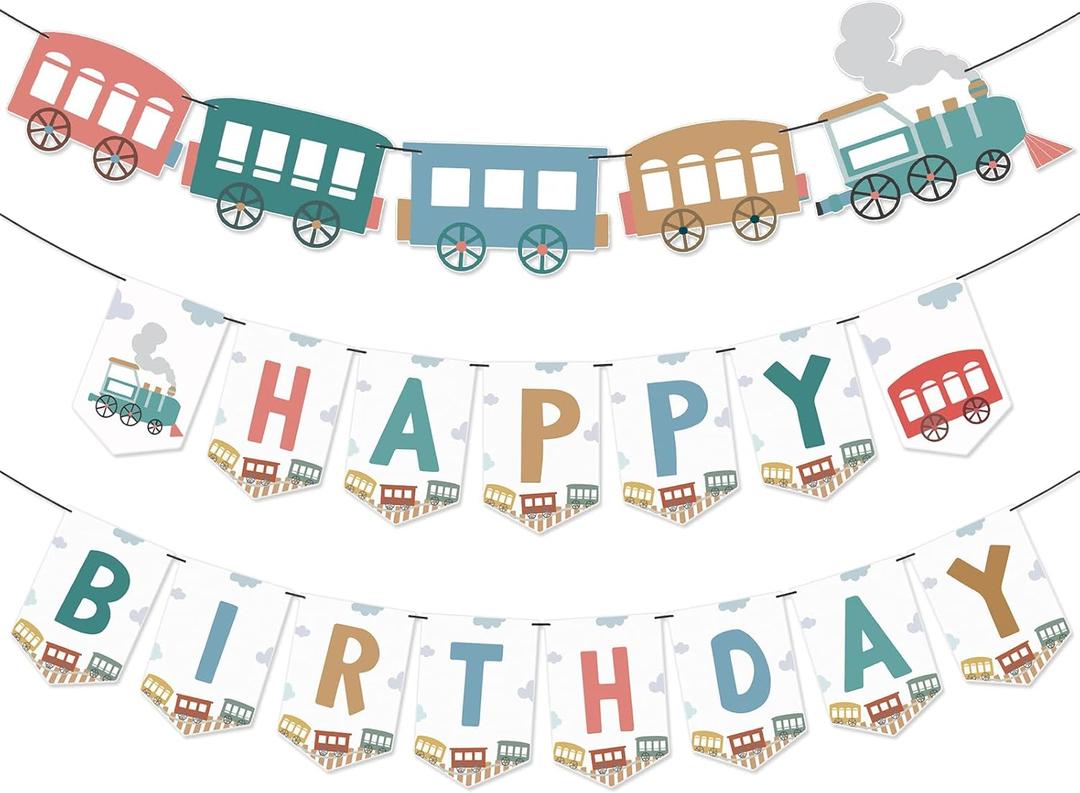 2 Pack 6 Feet Train Birthday Party Banner Decorations Retro Train Happy Birthday Garlands for Railroad Steam Vintage Party Supplies