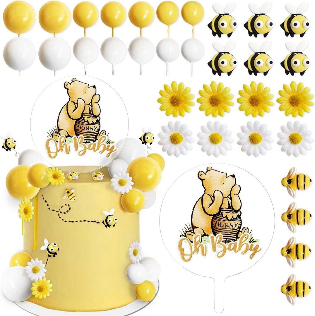 Bttwkco Winnie Baby Shower Cake Decorations Party supplies, First Birthday Classic Pooh Acrylic Cake Topper Bees & Flowers