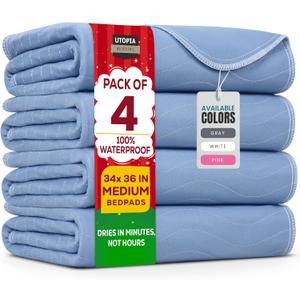 Utopia Bedding Washable Underpads 34" x 36" (Pack of 4), Waterproof Reusable Heavy Absorbency Incontinence Bed Pads for Adults, Kids, Elderly and Pets, Bedwetting Pads for Sofa and Couch (Blue)