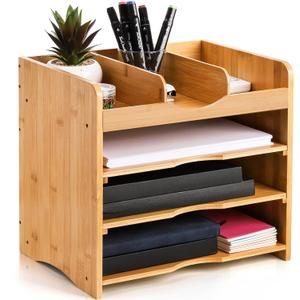 DEAYOU Bamboo Desk File Organizer, 13" Document Letter Tray Sorter with 2 Adjustable Shelves, 4 Tier Mail Organizer Countertop, Paper Storage Holder Box Cubby for Magazine, Office, Home, School