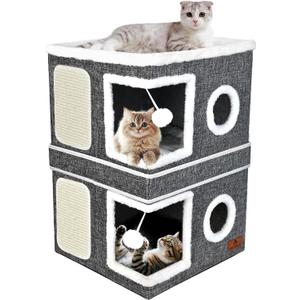 2-Story Cat House for Indoor Cats, Dual-Purpose Cave Bed with Scratch Pad and Fluffy Ball, Foldable Cat Hideaway, Cute Condo Furniture for Multi Small Pet Kitten, Grey (Double)