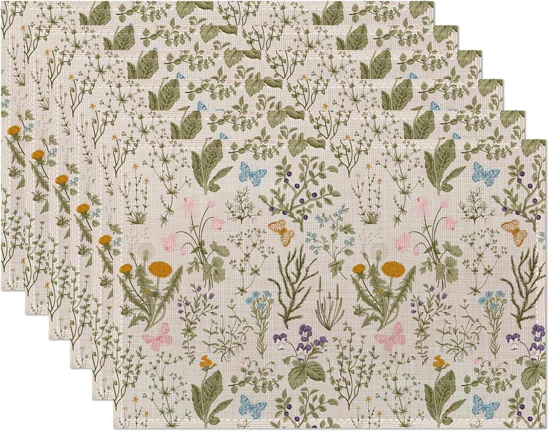 Wildflowers Placemats Set of 6,Vintage Garden Plants Herb Flower Botanical Table Mats Non-Slip Heat Resistant Washable Placemat for Party Kitchen Dining Table Decoration Indoor Outdoor