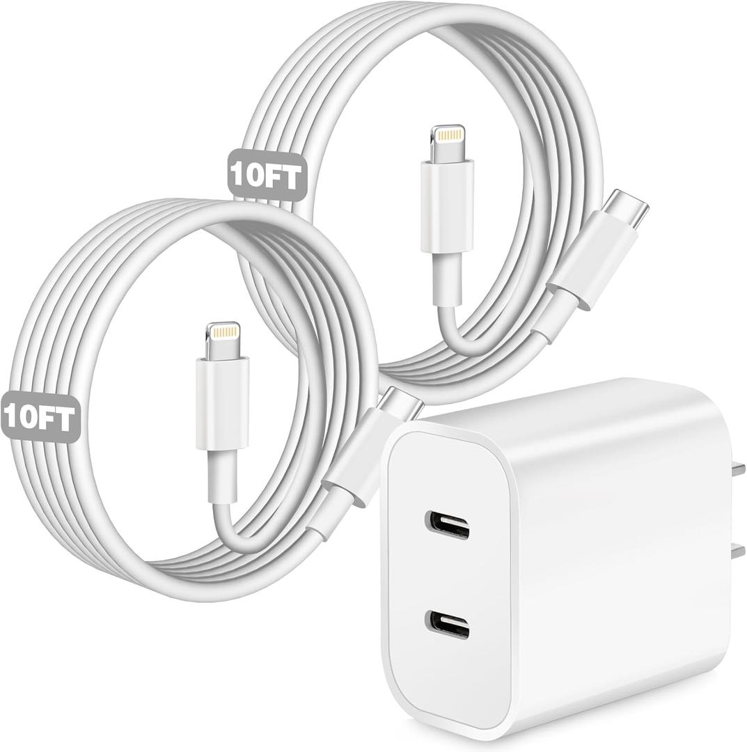 iPhone Charger,Dual Port USB C iPhone Charger Fast Charging Block,Super Fast Apple Double Type C Wall Chargers,2Pack 10FT Quick USB C Lightning Cable for iPhone 14 Pro Max/13 Pro/12/11/MiNi/XS/XR/8/SE (White)