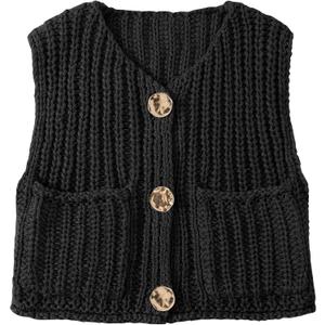 UEU Womens Chunky Sweater Vest Button Down Sleeveless Cardigan V Neck Crop Crochet Knit Tops 2025 Fashion Trendy Clothes (Black, M)