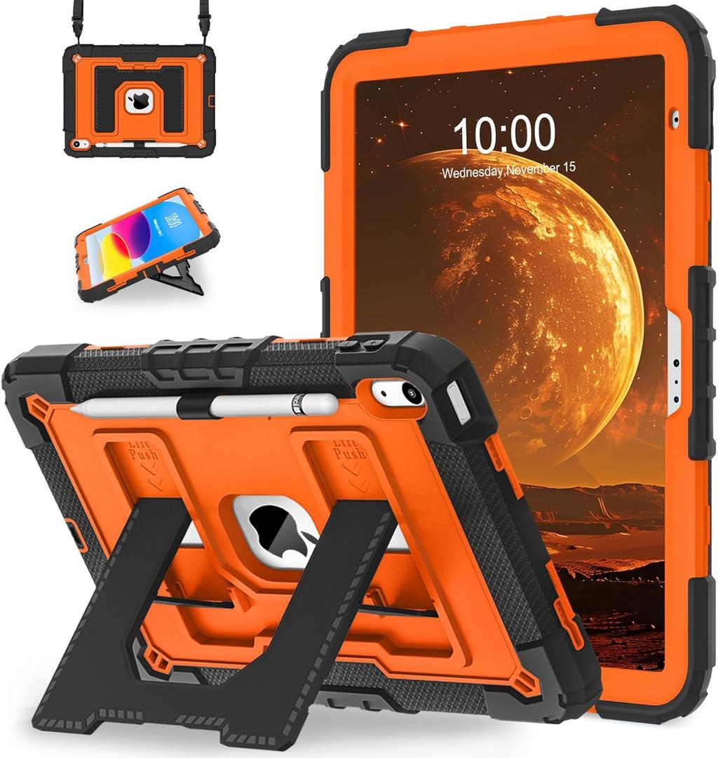 WESOROL Case for iPad A16 11th/10th Generation 2025/2022 with Pencil Holder Shoulder Strap iPad Case 10th Generation Shockproof Cover for iPad 11th/10th Gen Cases,Black Orange