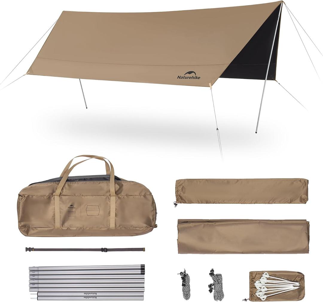 Naturehike Cloud Skies Camping Tent Tarp with Poles, Waterproof PU 18000mm+ Rain Shelter, Anti-UV UPF2000+ Camping Sun Shelter Canopy